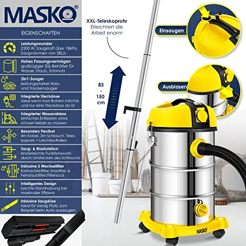 Masko® Aspirador Industrial 2300W - Seco y Húmedo, Acero Inoxidable Amarillo - Imagen 2